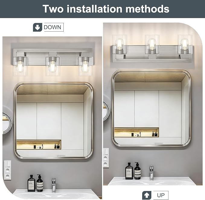 21.6 Inch Brushed Nickel Bathroom Light Fixtures, with Clear Glass Shade | 3-Light Bathroom Lighting Fixtures Over Mirror, Modern Wall Light, bathroom vanity light E26 Socket, ETL