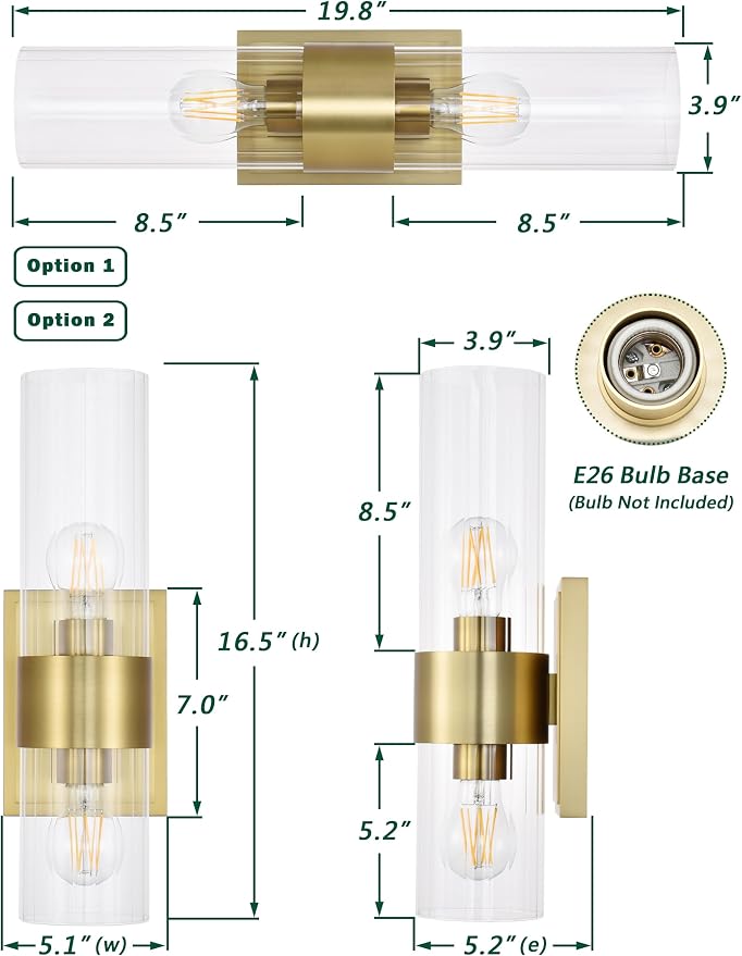 Gold Modern Bathroom Sconces Wall Lighting with Clear Ribbed Glass, Aged Brass 2-Light Bathroom Vanity Light Fixtures for Mirror Living Room Hallway Bedroom
