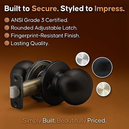Copper Creek Colonial Passage Interior Door Knob – ANSI Grade-3 Certified, Modern Heavy Duty Handle, Easy Install and Reversible for Bedroom, Bathroom and Closets – Matte Black (2 Pack)
