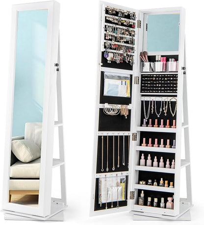 CHARMAID 3-in-1 Jewelry Armoire with Full Length Mirror, 360° Swivel Lockable Jewelry Cabinet with Shelves, Freestanding Mirror Organizer for Earrings, Necklaces, Rings, Makeup (White)