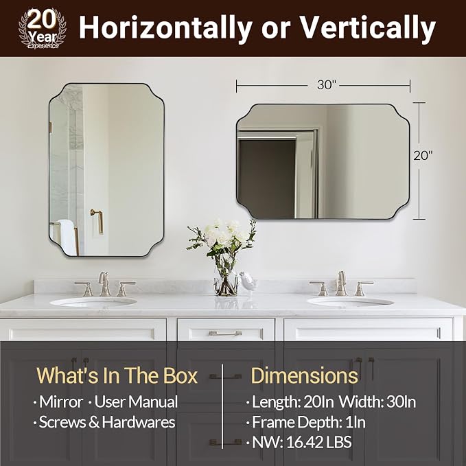 Chrome Bathroom Mirror, 20x30 Inch Polished Nickel Vanity Mirror, Scalloped Mirror in Rustproof Stainless Steel Thin Frame, Unique Rounded Notched Corners, Ideal for Narrow Bathroom Remodel