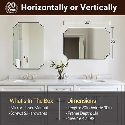 Chrome Bathroom Mirror, 20x30 Inch Polished Nickel Vanity Mirror, Scalloped Mirror in Rustproof Stainless Steel Thin Frame, Unique Rounded Notched Corners, Ideal for Narrow Bathroom Remodel