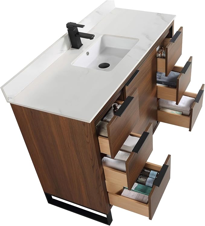 Opulence Collection 48 in. W x 20 in. D x 33 in. H Bathroom Vanity in Walnut Ebony with White Carrara Sintered Stone Sink - Black Hardware