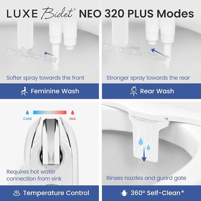 LUXE Bidet NEO 320 PLUS - Warm Water Bidet Attachment for Toilet, White 2 | Non-Electric, Warm Water, Dual Nozzle, Slide-In Install, 360° Self-Clean, EZ-Lift to Clean, Feminine & Rear Wash