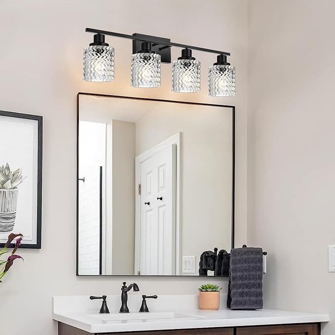 MELUCEE 4 Lights Black Bathroom Light Fixtures with Hammered Glass Shade | Indoor Metal Vanity Light Wall Lights for Powder Room Hallway Kitchen, E26 Base