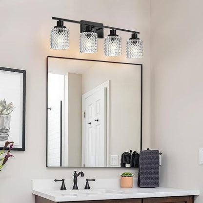 MELUCEE 4 Lights Black Bathroom Light Fixtures with Hammered Glass Shade | Indoor Metal Vanity Light Wall Lights for Powder Room Hallway Kitchen, E26 Base