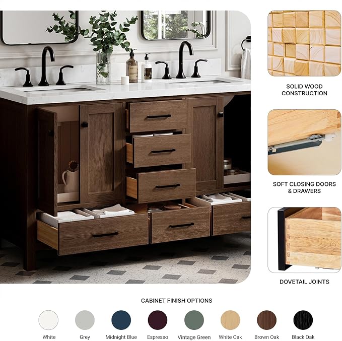 ARIEL Cambridge 60-inch Bathroom Vanity Base Cabinet,Solid Wood, 4 Soft Closing Doors, 6 Dovetail Drawers, Brown Oak