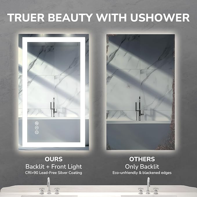 LED Bathroom Mirror 55x30 Inch Tempered Glass - Frameless LED Backlit Lighted Mirror for Bathroom Vanity with Anti-Fog, 3 Colors Dimmable, Memory Function, Wall-Mounted | Tempered Glass - Frameless Backlit Lighted Mirror for Bathroom Vanity with Anti-F...