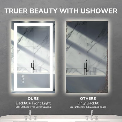 LED Bathroom Mirror 55x30 Inch Tempered Glass - Frameless LED Backlit Lighted Mirror for Bathroom Vanity with Anti-Fog, 3 Colors Dimmable, Memory Function, Wall-Mounted | Tempered Glass - Frameless Backlit Lighted Mirror for Bathroom Vanity with Anti-F...