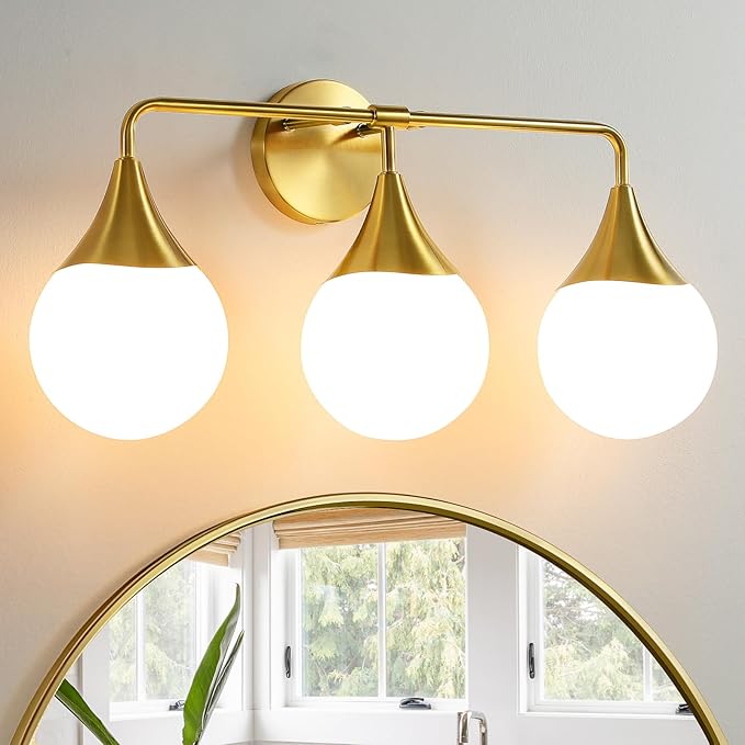 Bathroom Vanity Light Fixtures: 3-Light Mid Century Modern Bathroom Lighting Fixtures Over Mirror - Brass Gold Wall Sconce with Milky White Globe Glass for Bath Living Room