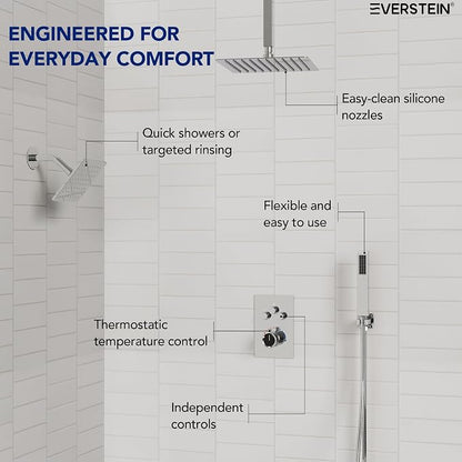 Ceiling Mount 12" High-Pressure Rainfall Shower Faucet, Dual Rainfall Shower Head System with Valve (Polished Chrome)