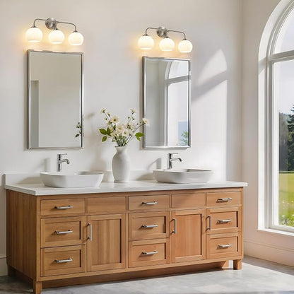 RUIYEY Bathroom Vanity Light Fixtures: 3-Lights Bathroom Lighting Fixtures Over Mirror, Brushed Nickel Vintage Wall Lights with Milky White Frosted Glass Shade for Bath Bedroom