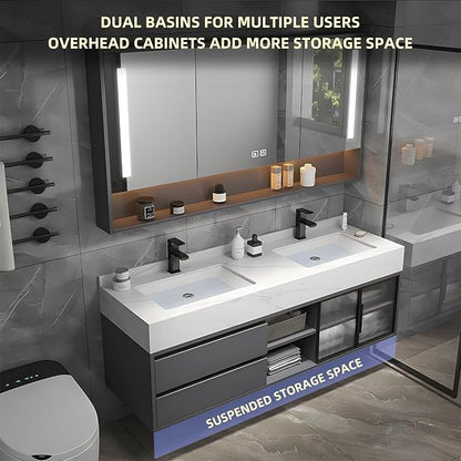 48" Floating Bathroom Vanity,Bathroom Vanity with Sink Set Includes Open LED Smart Defog Mirror Cabinet, Modern Bath Vanity with Drawers,Wall-Mounted Bathroom Vanities,Dark Grey