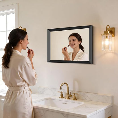 Black Bathroom Mirror 24 x 30 Inch Rectangle Wave Beveled Frame for Wall Bathroom Vanity Mirror for Over Sink, Tempered Glass,for Entryway Hangs, Bathroom Living Room Horizontal or Vertical