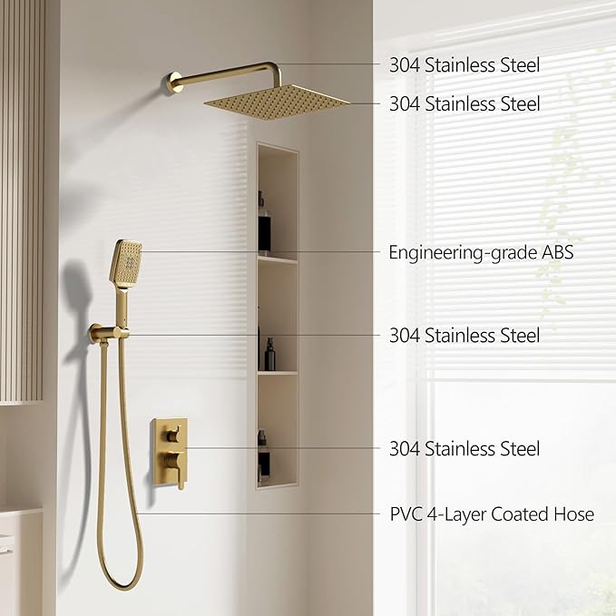 Shower Faucet Set Wall Mounted Shower head with Handheld Comb Rain System 6 Function Pressure Balance - Stainless Steel Bathroom Shower Kit Complete 12 Inch Matte Black(With Valve)