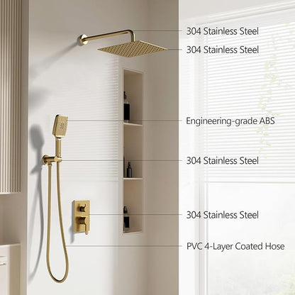 Shower Faucet Set Wall Mounted Shower head with Handheld Comb Rain System 6 Function Pressure Balance - Stainless Steel Bathroom Shower Kit Complete 12 Inch Matte Black(With Valve)