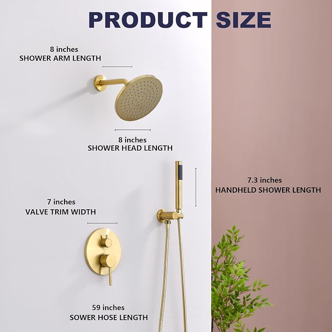 Shower System, All Metal Gold Shower Faucet Set, Brushed Gold | 8" Rainfall Shower Head and Handheld Spray Combo, Round Shower Head and Handle Set with Valve and Trim Kit