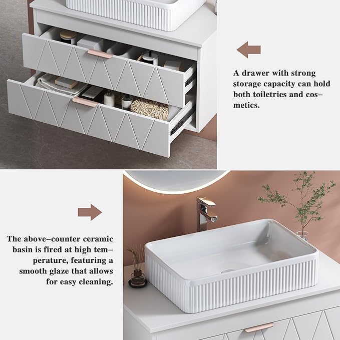 32 inch Bathroom Vanity with Vessel Sink, Wall Mounted Bathroom Cabinet with 2 Soft Closing Drawers, Rose Gold Handle, Solid Wood Countertop, Floating Modern Bathroom Vanity for Small Space, White