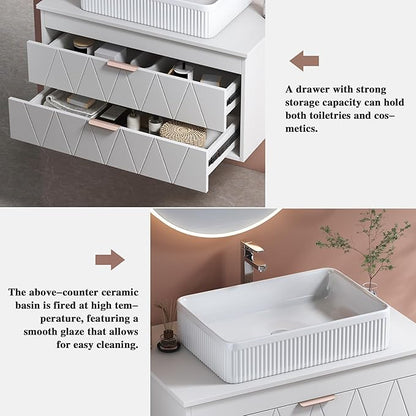 32 inch Bathroom Vanity with Vessel Sink, Wall Mounted Bathroom Cabinet with 2 Soft Closing Drawers, Rose Gold Handle, Solid Wood Countertop, Floating Modern Bathroom Vanity for Small Space, White
