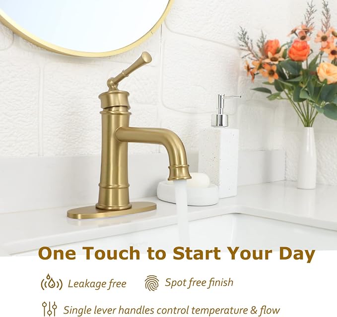 Single Hole Bathroom Faucet,Bathroom Sink Faucet 1hole,Gold Bathroom Faucet | Brushed Gold Bathroom faucet,Brass Bathroom Faucets,With Pop Up Drain and 2 Supply Hose for Vanity,Lavatory RV Farmhouse