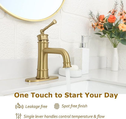 Single Hole Bathroom Faucet,Bathroom Sink Faucet 1hole,Gold Bathroom Faucet | Brushed Gold Bathroom faucet,Brass Bathroom Faucets,With Pop Up Drain and 2 Supply Hose for Vanity,Lavatory RV Farmhouse