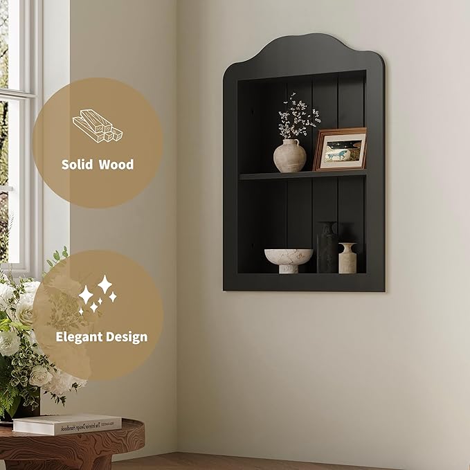 CJL 14‘’ x 18‘’ Recessed Medicine Cabinet, Solid Wood in-Wall Bathroom Cabinet, Victorian Wall Niche Shelf, 2-Tier, Black