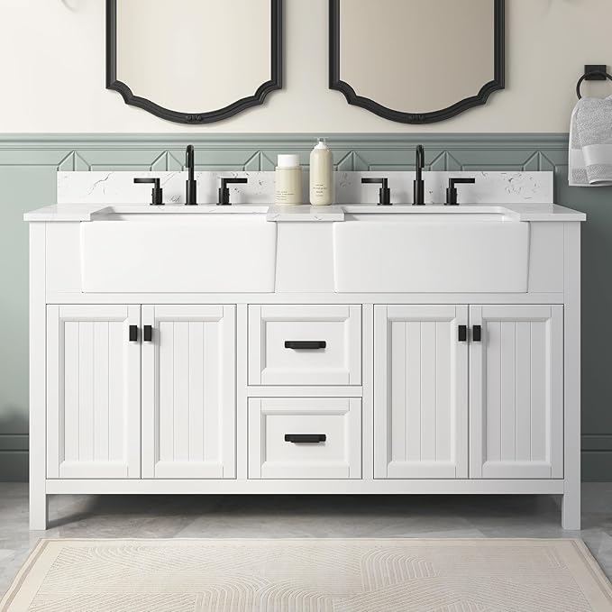 60 Inch White Bathroom Vanity with Double Sink, Farmhouse Bathroom Vanities Cabinet with Soft Closing Doors & Dovetail Drawers, Vanity for Bathroom with Apron Farm Sink, Adjustable Feet