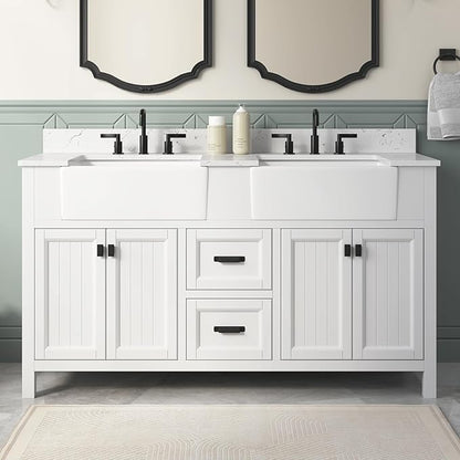 60 Inch White Bathroom Vanity with Double Sink, Farmhouse Bathroom Vanities Cabinet with Soft Closing Doors & Dovetail Drawers, Vanity for Bathroom with Apron Farm Sink, Adjustable Feet