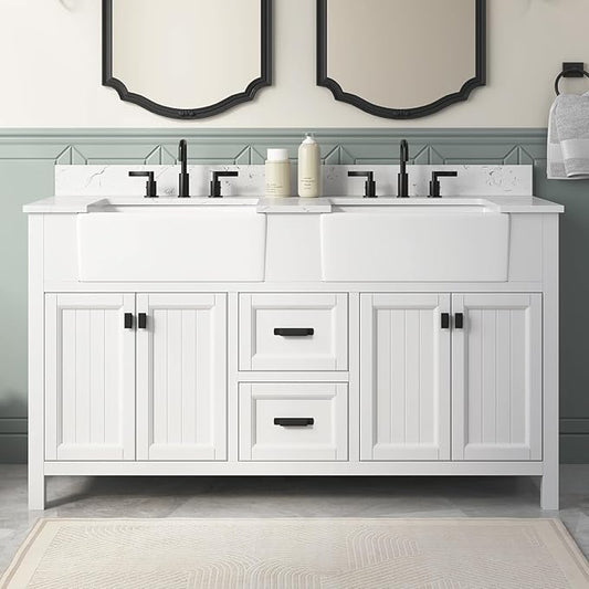 60 Inch White Bathroom Vanity with Double Sink, Farmhouse Bathroom Vanities Cabinet with Soft Closing Doors & Dovetail Drawers, Vanity for Bathroom with Apron Farm Sink, Adjustable Feet