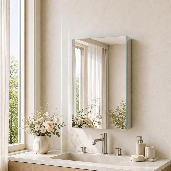 20 x 26 Aluminum Medicine Cabinet Mirror, Moisture & Rust Resistant Bathroom Wall Cabinet with Mirror, Recessed or Surface Mount with Adjustable Shelves, Tempered Glass & Soft Close Hinges