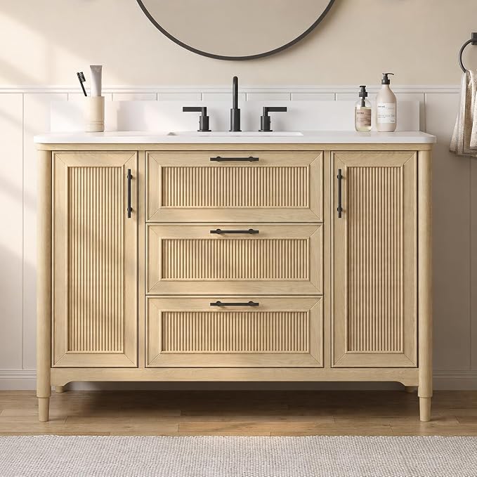 48 Inch Bathroom Vanity with Sink, Quartz Top, Light Oak | Modern Pre Assembled Single Sink Bathroom Vanity, Freestanding Bathroom Storage Cabinet, Soft Close Doors, Dovetail Drawers