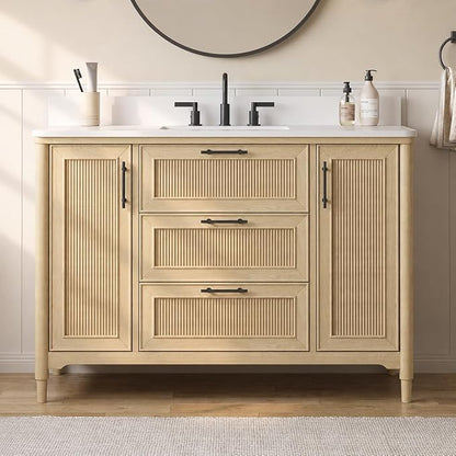 48 Inch Bathroom Vanity with Sink, Quartz Top, Light Oak | Modern Pre Assembled Single Sink Bathroom Vanity, Freestanding Bathroom Storage Cabinet, Soft Close Doors, Dovetail Drawers
