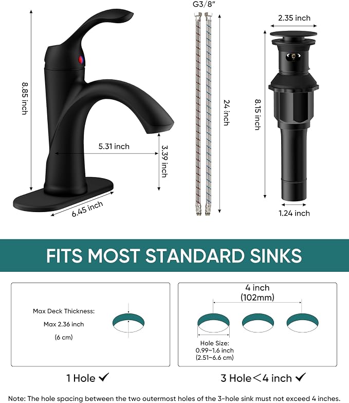 Matte Black Bathroom Faucet 1 Hole One-Handle Lever Bathroom Sink Faucets | Bath Rustic Lavatory Basin Mixer Tap with Pop Up Drain with Overflow Supply Hose by Homevacious