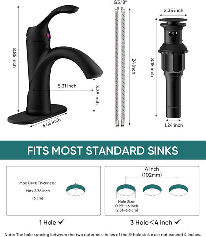Matte Black Bathroom Faucet 1 Hole One-Handle Lever Bathroom Sink Faucets | Bath Rustic Lavatory Basin Mixer Tap with Pop Up Drain with Overflow Supply Hose by Homevacious