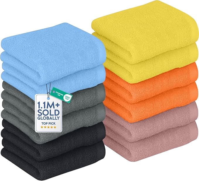 DAN RIVER 12 Pack Cotton Wash Cloths Set for Showering [12x12] Assortment 1 | Lighter Weight, Quick to Dry, Super Soft & Absorbent Face Towels, Hotel Quality, Perfect for Bathroom, Gym, Spa