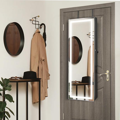 GOFLAME LED Mirror Jewelry Cabinet 47”, Wall/Door Mounted Full Length Mirror with Storage, 3-Color Lights, Interior Makeup Mirror, Jewelry Storage Organizer, Lockable Jewelry Armoire, Black