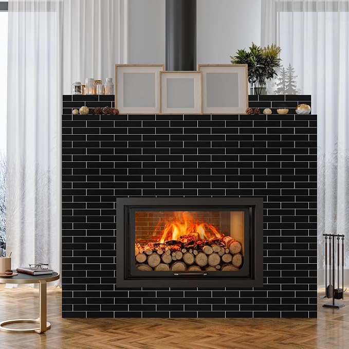 80-Piece Polished Black Thick PVC Peel and Stick Backsplash, 2" x 8" Waterproof Subway Tile Peel and Stick Wall Tiles for Kitchen and Bathroom