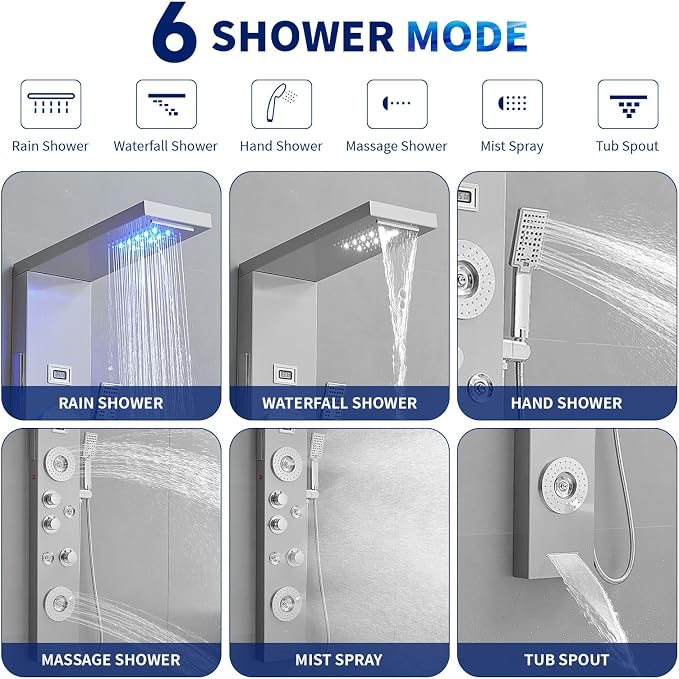 BWE 6 in 1 Shower Panel Tower System with LED Lights & Temp Display | Stainless Steel shower system with Rainfall, Waterfall, 2-Type Massage Jets, Handheld and Tub Spout, Brushed Nickel