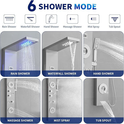 BWE 6 in 1 Shower Panel Tower System with LED Lights & Temp Display | Stainless Steel shower system with Rainfall, Waterfall, 2-Type Massage Jets, Handheld and Tub Spout, Brushed Nickel