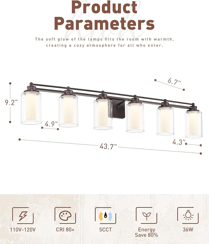 HWH Bathroom Light Fixtures 6-Light, Oil-Rubbed Bronze, 5HLT63B-6W-LED ORB | 36W LED Module, 5CCT 3000K-6500K, Dimmable, Double-Layer Clear and Frosted Glass, 43.7-Inch Fixture, Damp-Proof Metal