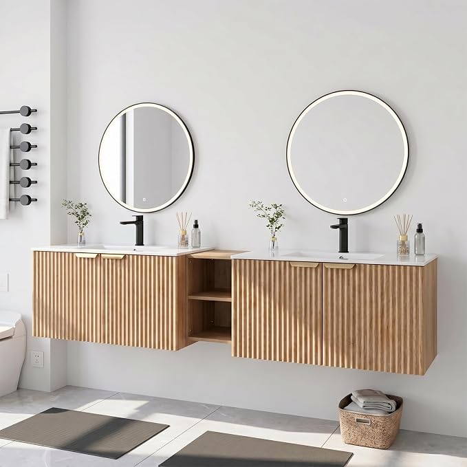 84 Inch Floating Bathroom Vanity with Double Sink, Bathroom Double Sink Cabinet with Soft Close Door Waterproof Storage, Wood Color