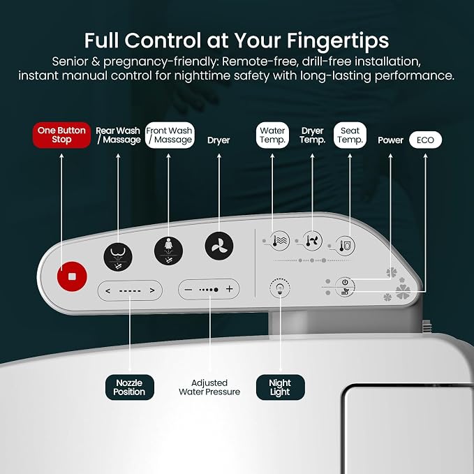 R&T V2601 Electric Bidet Seat, Elongated Smart Toilet Seat with Warm Water, Adjustable Heated Seat, Air Dryer, Night Light, Bidet Attachment for Toilet