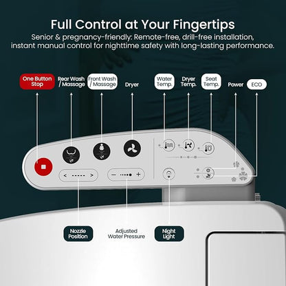 R&T V2601 Electric Bidet Seat, Elongated Smart Toilet Seat with Warm Water, Adjustable Heated Seat, Air Dryer, Night Light, Bidet Attachment for Toilet