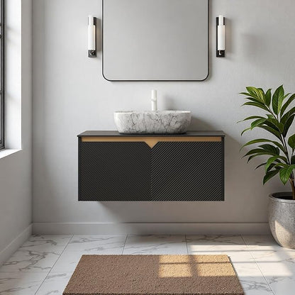 Floating Bathroom Vanity with Sink, 36" Bathroom Storage Cabinet with Sintered Stone Countertop & Marble-Pattern Ceramic Basin, Wall-Mounted Vanity with 2 Twill Pattern Doors, Black