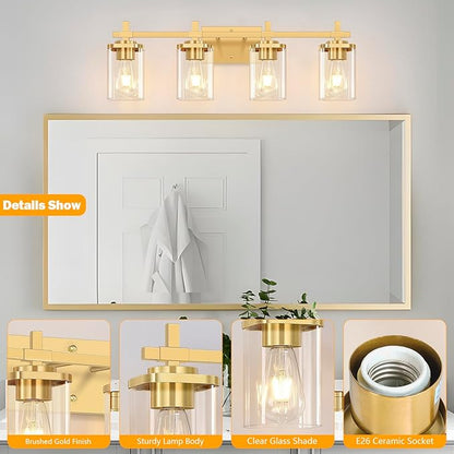 4-Lights Gold Bathroom Vanity Light Over Mirror, Brushed Gold Bathroom Wall Lights with Glass Shades, Indoor Wall Mounted Lamp for Living Room Bedroom Hallway