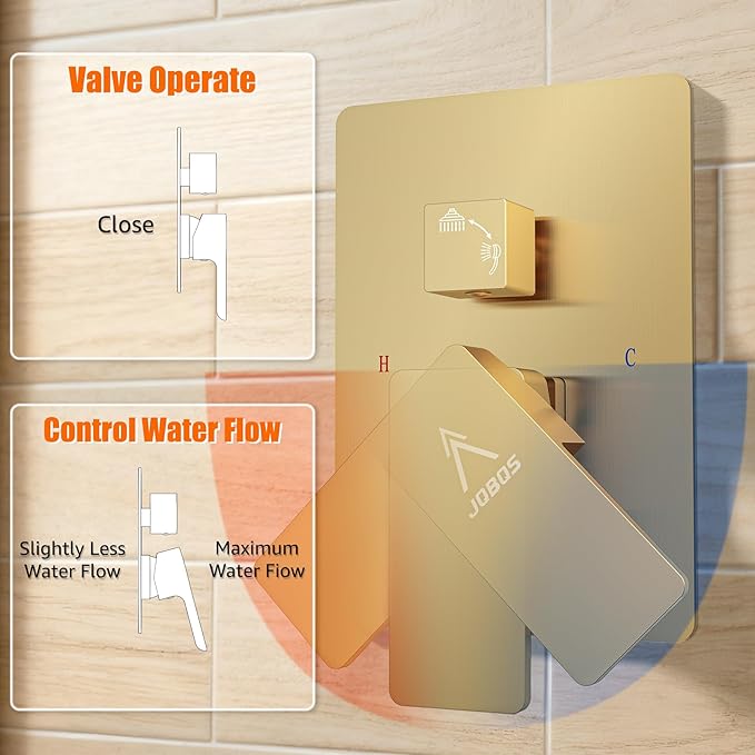 Shower System Modern Rain 8 inches Brass Faucet Set With Valve and Diverter Shower Mixer With Handheld High Pressure Square Rainfall Shower Valve (8'' Wall Mount, Brushed Gold)