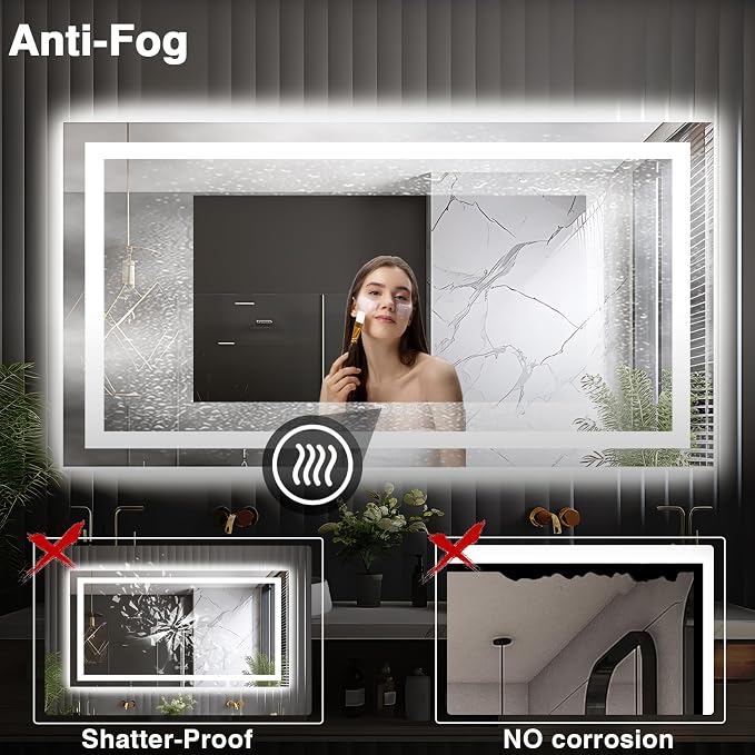 EchosLife 66"x36" LED Lit Bathroom Mirror | Backlit + Front Lit, Anti-Fog, Stepless Dimmable, 3 Colors, Memory, Tempered Glass, UL Listed, Horizontal/Vertical