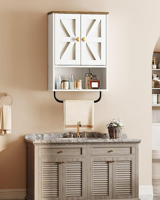 Bathroom Wall Cabinet, Medicine Cabinet with Open Partition and Towel Bar, Rustic Storage Cabinet with Open and Hidden Storage Space, for Bathroom, Living Room, Kitchen, White and Walnut