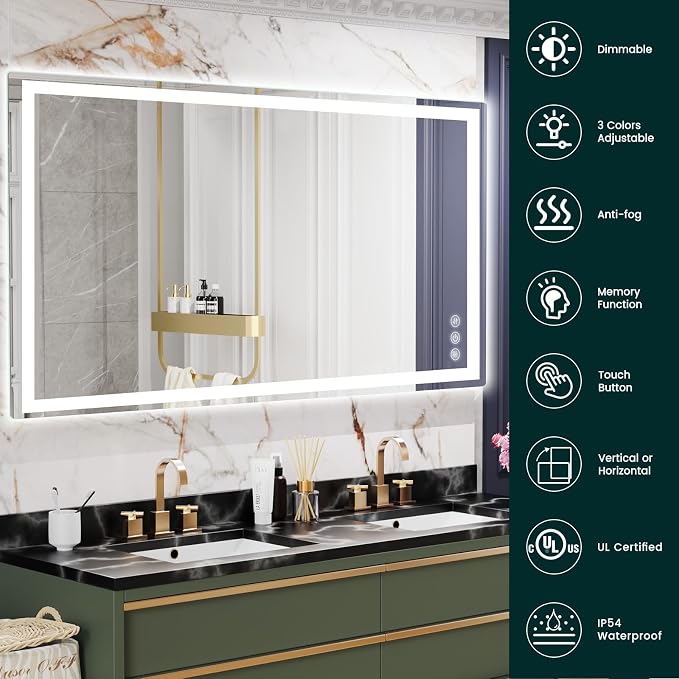 36" x 72" LED Bathroom Mirror with Lights, Memory Vanity Mirror | Anti-Fog, 3 Color Modes, Dimmable, Front Lit, Memory Function, Tempered Glass, Lighted Bathroom Mirror for Wall