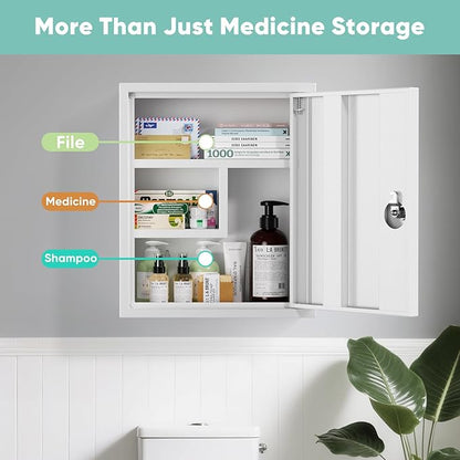 Wall Mount Locking Medicine Cabinet, Empty Metal Medicine Storage Box with All-Metal Digit Lock, Bathroom Cabinet Organizer Over the Toilet, Keyless First Aid Box for Home School Business